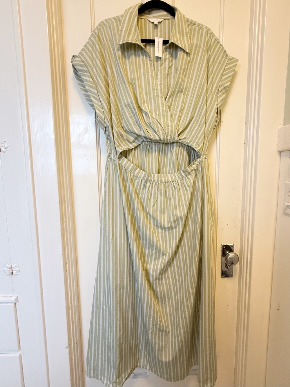 NWT Banana Republic Factory Cutout Poplin Green & White Stripe Midi Dress